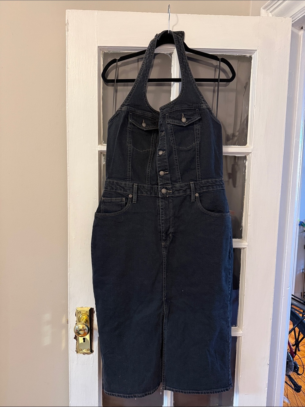 Women's Dark Denim Halter Dress with Button Front